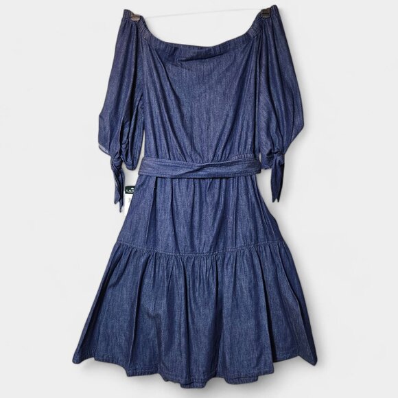 Ralph Lauren Amanthia Denim Chambray Off Shoulder Dress 18W Blue Casual NWT - Picture 7 of 11